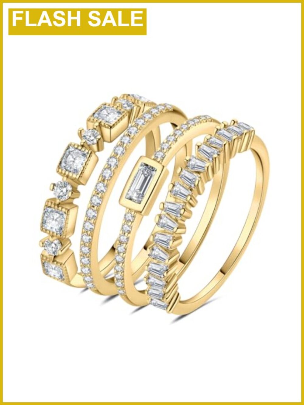 4pc Princess Emerald Cut CZ Stackable Wedding Ring Set 14k Yellow Gold Plated